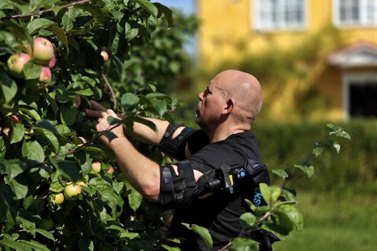 henkilö poimii omenoita eksoskeleton päällä