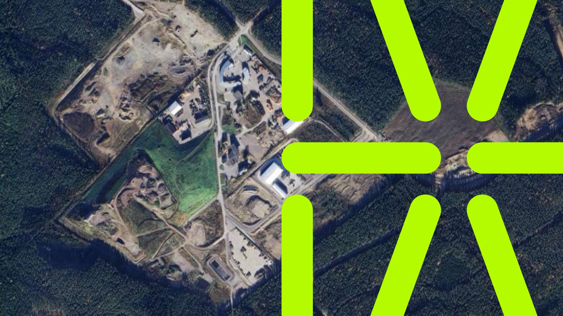 Ilmakuva teollisuus- ja hiekka-alueesta metsän keskellä, jossa näkyy rakennuksia ja kaivantoja, kuvan yli ulottuu suuri kirkkaan limenvihreä geometrinen HAMK logo.