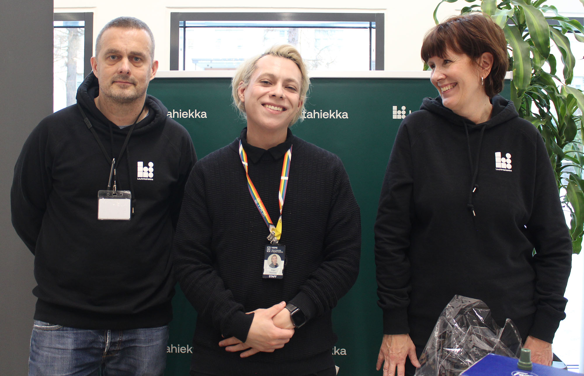 Louhintahiekka's Recruitment Manager Tapani Aittoniemi, Marketing Coordinator Edgar Koponen from HAMK Career Services and Louhintahiekka's Communications Manager Annika Suomi at Construction's Recruitment Day on Visamäki Campus