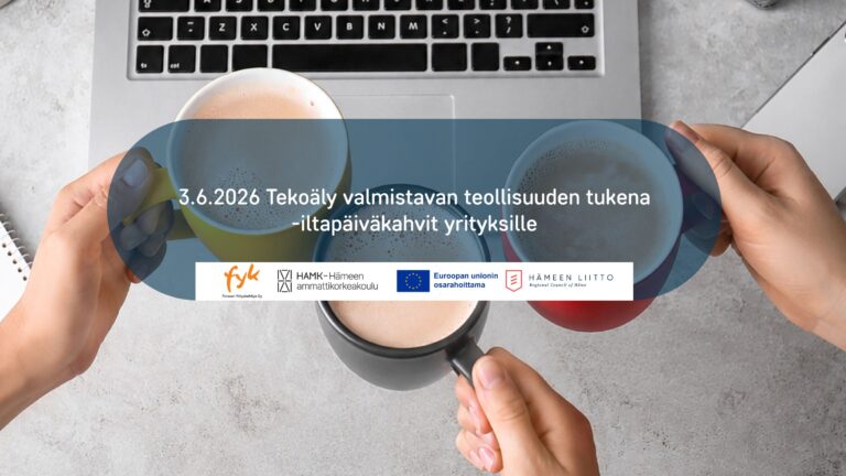 Kuva, jossa kolme kättä pitää kahvikuppeja.