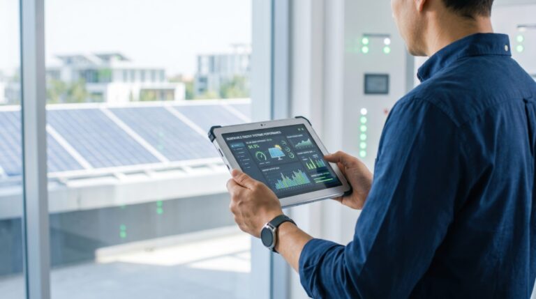 Mies sinisessä paidassa katselemassa tabletilta energiatietoja. Taustalla aurinkopaneeleita.