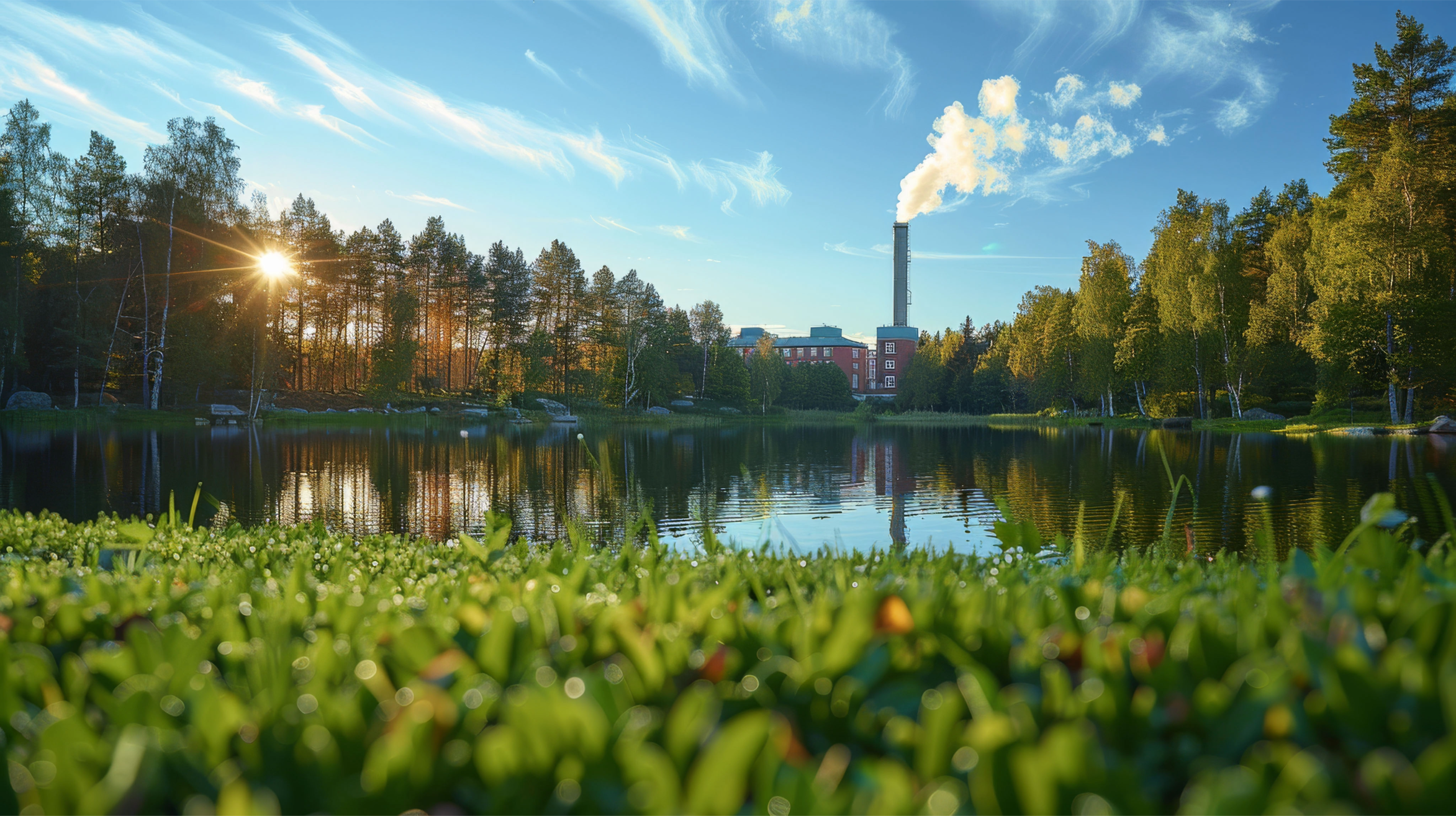 Kesäinen maisema, jossa etualalla vesistö, jota ympäröi metsä. Vesistön toisella puolella on punatiilinen tehdas, jonka piipusta nousee savua siniselle taivaalle.