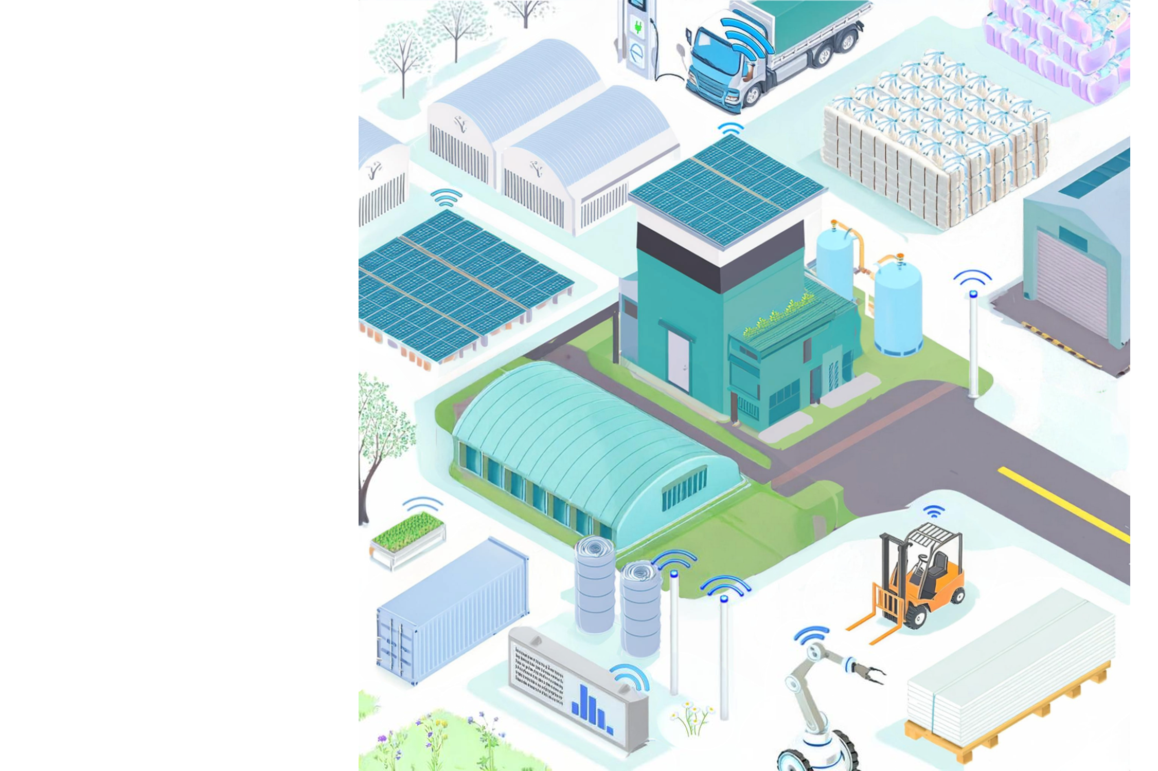 A modern, regenerative industrial area with warehouses, showcasing advanced smart technology. Visible features include an autonomous sorting robot in the sorting yard, solar panels, an information board displaying open data, an electric transport truck (smart logistics), and green surroundings with trees and a meadow.