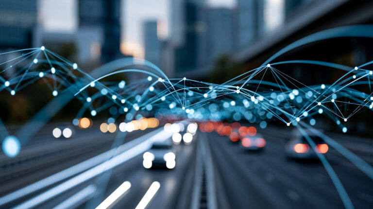 Ilta- tai kaupunkiliikennekuva nopeista autoista ja valojuovista, joiden päällä sinisin pistein ja viivoin visualisoitu verkosto ja datavirta symboloimassa tekoälypohjaista älykästä liikenteen analytiikkaa ja reittisuunnittelua.