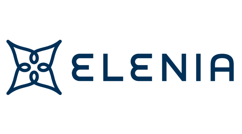 Tummansininen Elenia-logo, jossa vasemmalla tyylitelty nelipisteinen kuvio ja oikealla isot kirjaimet "ELENIA".