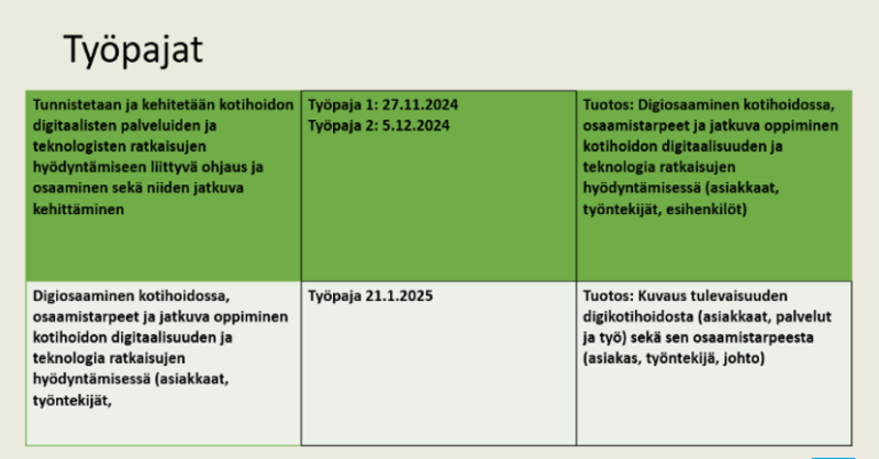 Kuvassa kooste kolmen työpajan toteutuksesta: Työpajan aiheet, aikataulu ja tuotokset