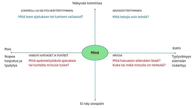 Kuvion keskellä on sana ”minä”. Vasemmalla ovat vaikeat ajatukset ja tunteet. Niitä voi yrittää välttää tai hallita, mikä helpottaa oloa nopeasti. Oikealla ovat itselle tärkeät asiat eli arvot. Niitä kohti voi mennä tekemällä tekoja, jotka lisäävät tyytyväisyyttä elämään. Pystyakseli erottaa ulospäin näkyvän toiminnan sisäisistä kokemuksista.
