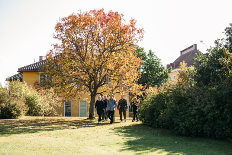 Ihmisiä kävelemässä puutarhassa/ People walking in a garden